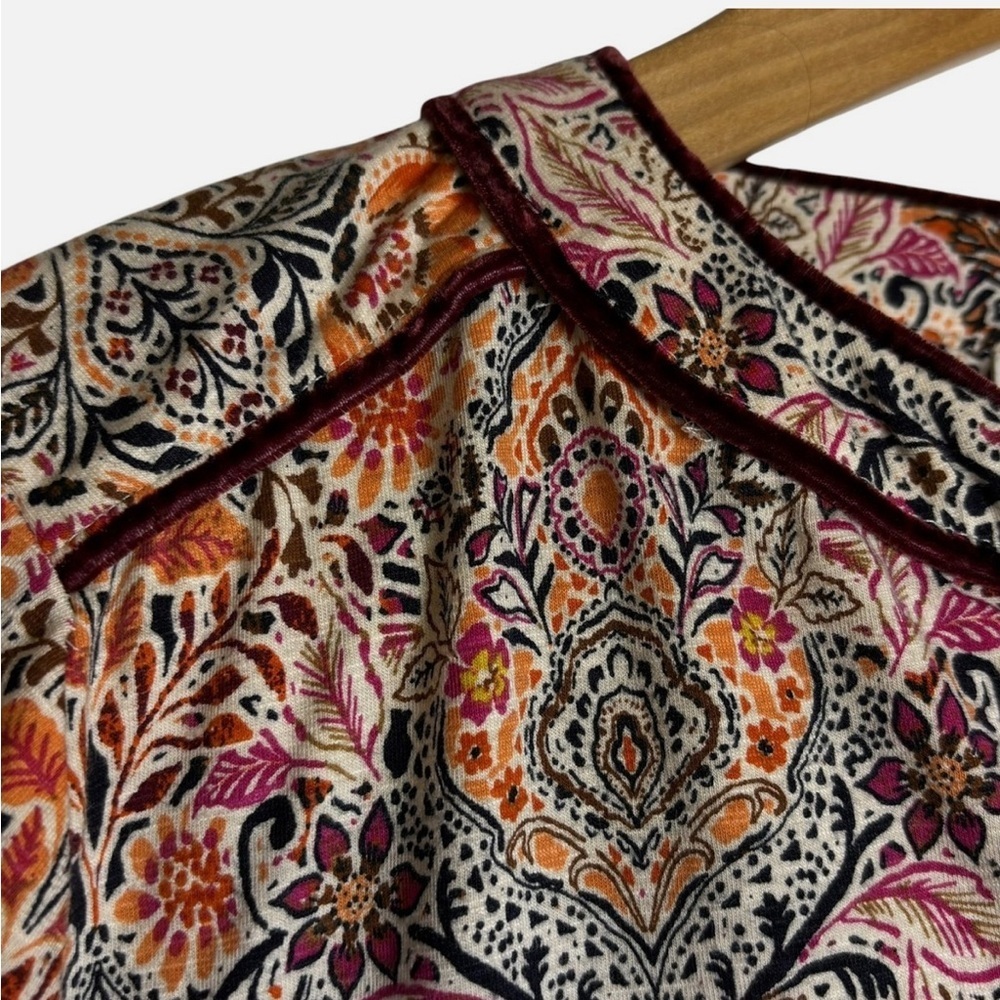 NEW J.Jill Peasant Tunic Top Blouse Long Sleeve XS Floral Boho Velvet Trim - Picture 4 of 7